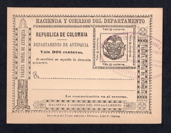 COLOMBIAN STATES - ANTIOQUIA - 1899 - POSTAL STATIONERY: 2c black on buff 'Typeset' postal stationery card (H&G 1) with oval control mark in purple. A fine unused example.  (COL/8464)