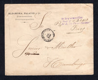 COLOMBIA - 1902 - 1000 DAYS WAR & STAMP SHORTAGE: Stampless cover with good strike of three line 'No hay estampillas Pago $0.20 cs Por El Agente Postal Nacional' cachet in purple with '0.20cs' added in manuscript and signed 'Fries' with small BARRANQUILLA cds alongside dated JUL 1902. Addressed to GERMANY with large purple BARRANQUILLA 'Arms' censor marking on reverse with NEW YORK transit cds. Scarce.  (COL/8472)
