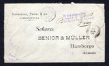 COLOMBIA - 1902 - 1000 DAYS WAR & STAMP SHORTAGE: Stampless cover with good strike of three line 'No hay estampillas Pago $0.20 cs Por El Agente Postal Nacional' cachet in purple with '0.20cs' added in manuscript and signed 'Fries' with small BARRANQUILLA cds alongside dated 24 JUN 1902 and octagonal COLON A BORDEAUX LD No. 3 maritime cds on front. Addressed to GERMANY with large purple BARRANQUILLA 'Arms' censor marking on reverse with German arrival cds. Envelope is repaired from rough opening at right S