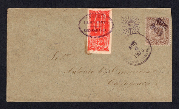 COLOMBIAN STATES - SANTANDER - 1903 - 1000 DAYS WAR & COMBINATION MAIL: Cover franked with Santander 1903 50c red 'Postal Fiscal' (SG F20) tied by fine oval 'Correos Del Departamento BUCARAMANGA' cancel in combination with 1899 20c yellow brown on greenish blue 'National' issue (SG 157) tied by 'SSS' cancel and BUCARAMANGA cds dated AGO 6 1903. Addressed to CARTAGENA with arrival cds on reverse. Probably less than ten combination covers are known.  A fine and very RARE cover.  (COL/8487)