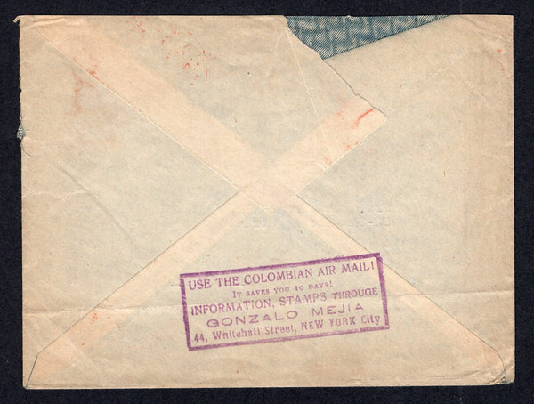 COLOMBIAN AIRMAILS - SCADTA - 1923 - SCADTA - CONSULAR AGENTS CACHETS: Cover franked 1917 5c blue & 1920 1c green plus 1921 50c grey blue SCADTA issue (SG 361, 382 & 23) tied by MEDELLIN SCADTA cds's in red. Addressed to USA with fine strike of boxed 'Use the Colombian Air Mail ! It saves you 10 Days ! Information, Stamps Through GONZALO MEJIA 44, Whitehall Street, New York City' American consular agents cachet in purple on reverse.  (COL/8498)
