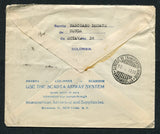COLOMBIAN AIRMAILS - SCADTA - 1930 - CONSULAR AGENTS CACHETS: 4c blue postal stationery envelope (H&G B17) used with added 1929 30c grey blue SCADTA issue (SG 60) tied by HONDA SCADTA cds's. Addressed to USA with fine strike of unframed 'Panama - Colombia - Ecuador Use the Scadta Air Mail system Saves about 10 Days Information and Stamps Through Interamerican Aerotravel and Supplies Inc, Broadway 11, New York. N.Y.' American consular agents cachet in blue on reverse with BARRANQUILLA SCADTA transit cds