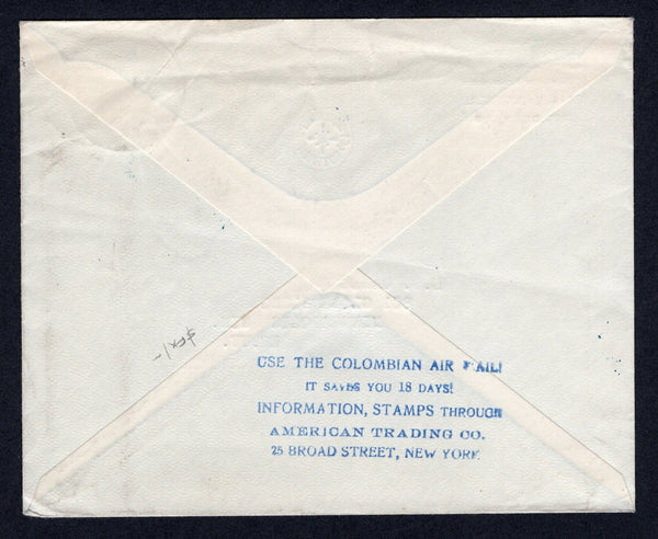 COLOMBIAN AIRMAILS - SCADTA - 1928 - CONSULAR AGENTS CACHETS & RATE: Headed 'SCADTA Apartado 208 Barranquilla Rep. De Colombia' cover with blue 'IMPRESOS' marking sent at the unsealed rate franked with only a single 1917 1c green (SG 358) tied by BARRANQUILLA SCADTA cds with additional BARRANQUILLA Agencia Postal transit cds on front. Addressed to USA with fine strike of 'Use the Colombian Air Mail ! It saves you 18 Days Information, Stamps through American Trading Co. 25 Broad Street, New York' American c