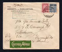 COLOMBIAN AIRMAILS - SCADTA - 1932 - CANCELLATION & INSTRUCTIONAL MARK: Cover with 'From SMS ANDAGOYA VIA BUENAVENTURA Republica de Colombia South America' printed in corner with 'SMS' in manuscript franked with 1923 5c claret and 1932 30c grey blue 'CORREO AEREO' overprint issue (SG 396 & 417) tied by ANDAGOYA SCADTA cds with green airmail label and boxed 'Porte aereo pagado para cursar por Correo Aereo en Colombia unicamente' cachet in blue. Addressed to USA with BARRANQUILLA SCADTA transit cds on revers