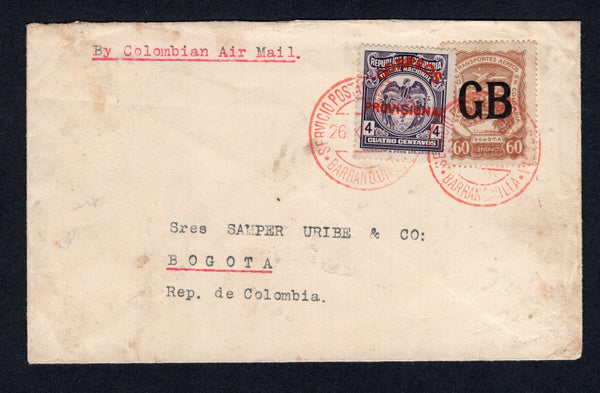COLOMBIAN AIRMAILS - 1925 - SCADTA - CONSULAR OVERPRINTS: Cover from HUDDERSFIELD, Great Britain to BOGOTA with return address on reverse franked with 1925 4c purple plus 1923 60c yellow brown SCADTA issue with 'GB' consular overprint for use in Great Britain (SG 406 & 32H) tied on arrival by BARRANQUILLA SCADTA cds's in red. Addressed to BOGOTA with arrival cds on reverse. Scarce.  (COL/8518)