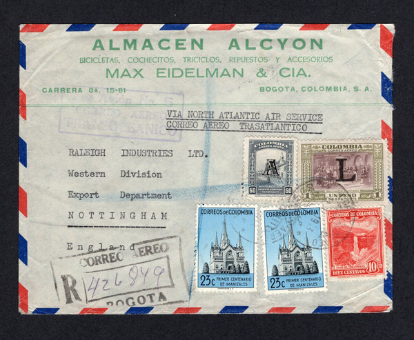 COLOMBIAN AIRMAILS - 1953 - AVIANCA - MIXED FRANKING: Airmail cover franked with 1937 10c scarlet & 2 x 1952 23c black & pale blue national issues plus 1950 1p purple & sage green AIR issue with large 'L' overprint of LANSA plus 1951 60c grey AIR issue with small 'A' overprint of AVIANCA (SG 488, 764, 17 & 16a) all tied by BOGOTA cds's with boxed registration marking alongside. Addressed to UK with light boxed 'Por Avion No. 5 CORREO AEREO TRANSOCEANICO' marking on front plus other transit cds's on reverse