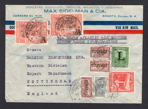 COLOMBIAN AIRMAILS - AVIANCA - 1952 - MIXED FRANKING: Airmail cover franked with 1937 10c scarlet, 3 x 1948 20c brown & 5c grey TAX issue plus 1950 30c green AIR issue with large 'L' overprint of LANSA plus 1950 2 x 1p brown red & orange AIR issue with small 'A' overprint of AVIANCA (SG 488, 689, 708, 14 & 18) all tied by BOGOTA cds's with boxed registration marking on reverse. Addressed to UK with various other transit marks on reverse. Most probably flown by Avianca.  (COL/8521)