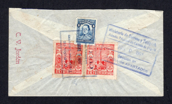 COLOMBIAN PRIVATE EXPRESS COMPANIES - 1928 - COMPANIA DE TRANSPORTES TERRESTRES: Cover franked on reverse with 1923 4c blue 'National' issue and 1927 pair 6c red 'Compania de Transportes Terrestres' rouletted EXPRESS issue (SG 395 & Hurt & Williams #S15b) tied by large boxed COMPANIA DE TRANSPORTES TERRESTRES AGENCIA DE CUCUTA cancel in blue dated JUN 5 1928. Addressed to BOGOTA with two line 'Contestese por el correo de la Campania de Transportes Terrestres' cachet on front and large boxed BOGOTA arrival 