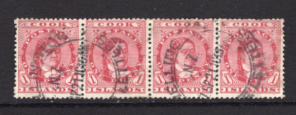 COOK ISLANDS - 1913 - MULTIPLE: 1d red 'Queen Makea Takau' issue, perf 14 x 14½. A fine used strip of four two strikes of large WELLINGTON LOOSE LETTER cds dated 7 SEP 1921. (SG 41)  (COO/11655)