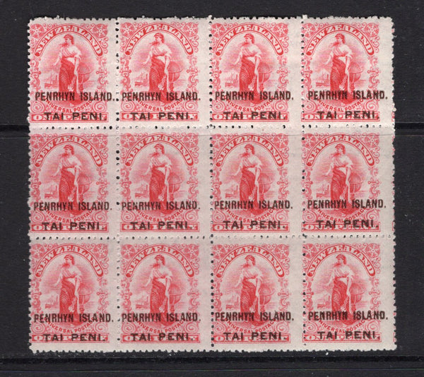 COOK ISLANDS - PENRHYN ISLAND - 1902 - PENRHYN ISLAND - MULTIPLE: 1d carmine 'Universal' issue, perf 14 with 'PENRHYN ISLAND TAI PENI' overprint in brown, a fine mint block of twelve. (SG 10)  (COO/11716)