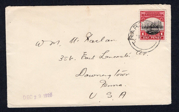 COOK ISLANDS - 1926 - PICTORIAL ISSUE: Cover franked with single 1924 1d black & carmine red (SG 82) tied by RAROTONGA cds. Addressed to USA.  (COO/18578)