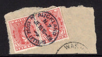 COOK ISLANDS - 1910 - CANCELLATION: 1d red 'Queen Makea Takau' issue, perf 14. A fine used pair on piece tied by fine strike of AUCKLAND LOOSE LETTERS cds dated 10 JUN 1910. (SG 38a)  (COO/20867)