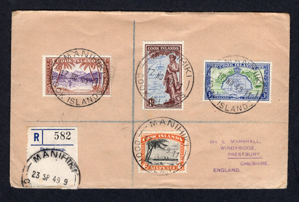 COOK ISLANDS - 1949 - REGISTRATION & CANCELLATION: Registered cover franked with 1933 6d black & orange yellow plus 1949 ½d violet & brown, 3d green & ultramarine and 1/- light blue & chocolate (SG 150, 153 & 157) tied by MANIHIKI cds's with plain blue & white registration label with additional strike of the MANIHIKI datestamp to show origination. Addressed to UK with arrival mark on reverse.  (COO/20877)