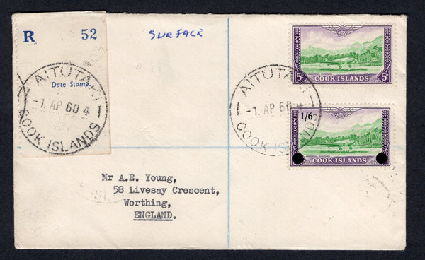 COOK ISLANDS - 1960 - REGISTRATION & CANCELLATION: Registered cover franked with 1949 5d emerald green & violet and 1960 1/6 on 5d emerald green & violet (SG 154 & 162) tied by AITUTAKI cds's with plain blue & white registration label with additional strike of the AITUTAKI datestamp to show origination. Addressed to UK with RAROTONGA transit cds on reverse.  (COO/20879)