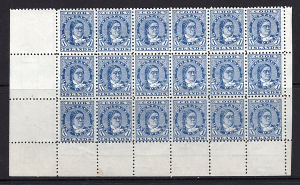 COOK ISLANDS - 1893 - MULTIPLE: 1d blue 'Queen Makea Takau' issue, perf 11, a fine mint block of eighteen comprising the bottom three rows of the sheet with margins on three sides. Scarce multiple. (SG 12)  (COO/22091)