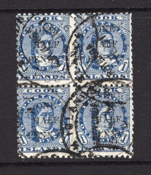 COOK ISLANDS - 1899 - MULTIPLE: 'ONE HALF PENNY' on 1d blue 'Provisional' OVERPRINT issue, a fine cds used block of four. Scarce multiple. (SG 21)  (COO/24069)