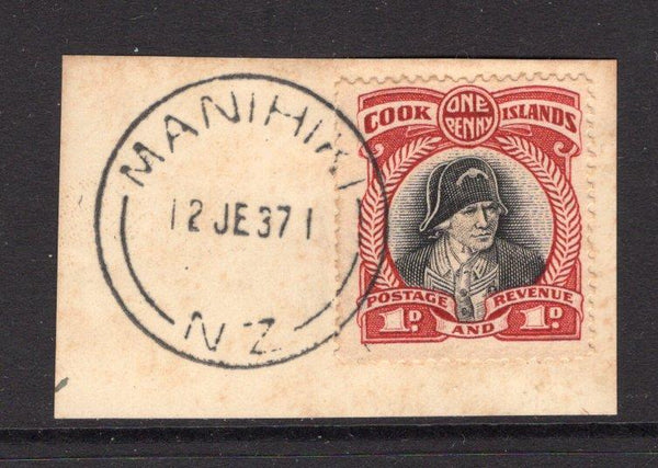 COOK ISLANDS - 1937 - CANCELLATION: 1d black & lake tied on piece by fine strike of MANIHIKI cds dated 12 JUN 1937. (SG 100)  (COO/24219)