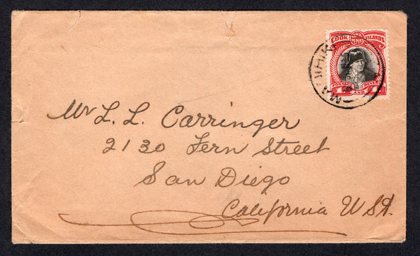 COOK ISLANDS - 1935 - CANCELLATION: Cover franked with single 1933 1d black & scarlet (SG 107) tied by good strike of MANIHIKI cds dated JAN 1935. Addressed to USA with manuscript receiving marks on reverse.  (COO/24789)
