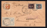 COOK ISLANDS - PENRHYN ISLAND - 1924 - REGISTRATION: Registered cover franked with 1917 1½d slate, 1½d orange brown and 3d chocolate GV issue with 'PENRHYN ISLAND' overprints (SG 25, 29 & 30) all tied by PENRHYN ISLAND 'Bullet' cds's with printed blue & white registration label with additional strike of the cds to indicate origination at lower left plus large straight line 'REGISTERED' marking in purple. Addressed to USA with RAROTONGA transit mark on reverse and various USA arrival marks on front & revers