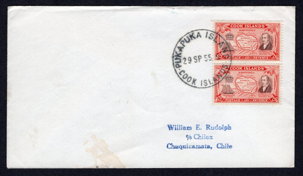 COOK ISLANDS - 1955 - CANCELLATION: Cover franked with pair 1949 2d reddish brown & chestnut (SG 152) tied by fine strike of PUKAPUKA ISLAND cds. Addressed to CHILE with partial arrival cds on reverse.  (COO/26222)