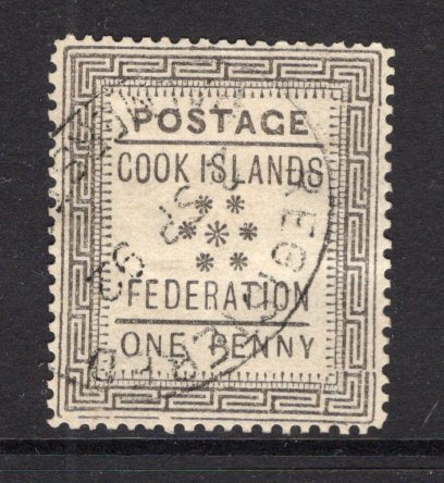 COOK ISLANDS - 1892 - CLASSIC ISSUES: 1d black 'Federation' issue on toned paper, a fine used copy with oval REGISTERED PALMERSTON cancel of New Zealand struck on arrival dated 2 SEP 1892. (SG 1)  (COO/34808)