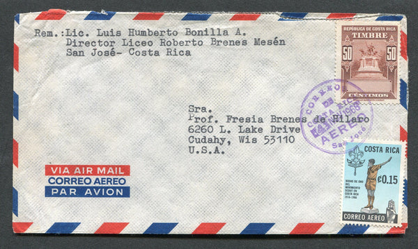 COSTA RICA - 1968 - POSTAL FISCAL: Airmail cover franked with 1968 15c 'Scout' issue and 1960 50c red brown 'Timbre' REVENUE (SG 799) tied by CORREOS AEREO SAN JOSE cds dated 4 NOV 1968. Addressed to USA. Scarce.  (COS/10870)