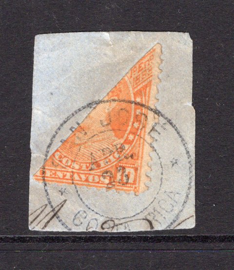 COSTA RICA - 1887 - BISECT: 10c orange 'Soto' issue BISECTED diagonally on small piece tied by SAN JOSE cds dated APR 23 but with no year slug. Very unusual. (SG 19)  (COS/1388)