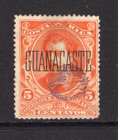 COSTA RICA - GUANACASTE - 1889 - GUANACASTE: 5c orange 'Soto' issue with 'GUANACASTE' overprint a superb used copy with unusual small circular 'Ball' cancel in purple. Very Scarce. (SG G64, Mena #G52)  (COS/1436)