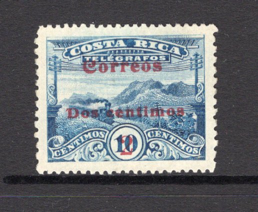 COSTA RICA - 1911 - PROVISIONAL ISSUE: 2c on 10c blue 'Train' TELEGRAPH issue perf 14 x 11½, a mint copy with part O.G. Scarce stamp. 1998 APS Certificate accompanies. (SG 109)  (COS/17103)