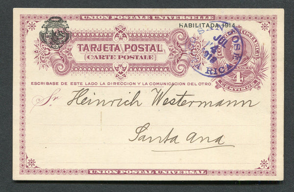 COSTA RICA - 1918 - POSTAL STATIONERY: 4c deep red violet on cream postal stationery card with 'HABILITADO 1914' overprint (H&G 16) used with fine SAN JOSE cds. Addressed to SANTA ANA.  (COS/17631)