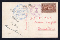 COSTA RICA - 1926 - FIRST FLIGHT: Coloured PPC 'Coffee Pickers, Peralta, C.R.' franked with 1923 10c brown (SG 142) tied by CORREO AEREO COSTA RICA - CANAL ZONE cds dated JAN 2 1926 with circular 'COSTA RICA - CANAL ZONE AIR MAIL JAN 2 1926 6.00 P.M. RECEIVED A.S. PLANE No. 41 CRISTOBAL C.Z.' arrival cachet in blue alongside. Addressed to BALBOA HEIGHTS, CANAL ZONE.  (COS/19987)