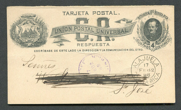 COSTA RICA - 1887 - POSTAL STATIONERY: 4c black on buff 'Fernandez' postal stationery card (H&G 2), reply half used fine ALAJUELA cds dated 17 FEBO 1888. Addressed to SAN JOSE with arrival cds on front. One line of address crossed through in manuscript.  (COS/20421)