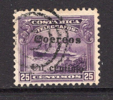 COSTA RICA - 1911 - PROVISIONAL ISSUE: 1c on 25c violet 'Ship' TELEGRAPH issue, a fine used copy with variety 'Coereos' for 'Correos'. (SG 96a)  (COS/2120)