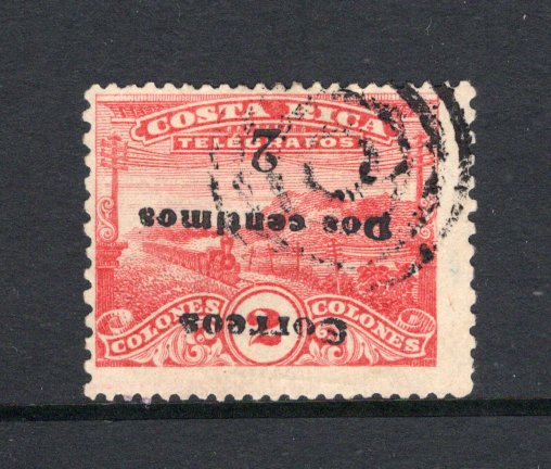 COSTA RICA - 1911 - PROVISIONAL ISSUE: 2c on 2 col rose red 'Train' TELEGRAPH issue perf 14 x 11½, a fine used copy with variety OVERPRINT INVERTED. (SG 112a)  (COS/2121)
