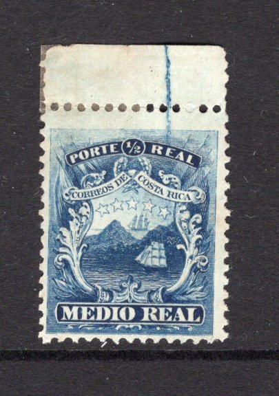 COSTA RICA - 1863 - VARIETY: ½r deep blue 'First issue' a fine unused copy from position 1 with top margin still intact showing the earliest state of the PLATE CRACK variety in margin and through to top value tablet. Scarce. (SG 1)  (COS/24683)
