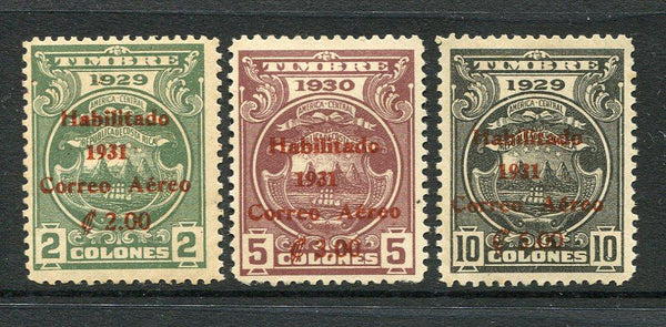 COSTA RICA - 1931 - AIRMAILS: 'Airmail' SURCHARGE issue on 'Revenue' stamps, the set of three on toned paper from the first printing with overprint in brownish vermilion, fine mint. (SG 187/189)  (COS/25422)