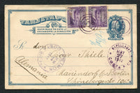 COSTA RICA - 1912 - CANCELLATION: 2c grey blue on cream postal stationery card (H&G 13) used with added pair 1911 1c on 25c violet 'Provisional' issue (SG 96, stamps damaged prior to being affixed to the card) tied by 'Target' cancels with fine CAPELLADAS cds alongside dated MAY 27 1912. Addressed to GERMANY with LIMON transit cds on front. Scarce origination