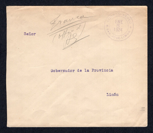 COSTA RICA - 1924 - EMERGENCY AIRMAIL FLIGHT: Stampless official cover with printed 'Secretaria de Fomento Departamento de Agricultura, Republica de Costa Rica' official ARMS imprint on flap with manuscript 'FRANCA OFFICIAL' and 'AS' initials on front with CORREO AEREO SAN JOSE - LIMON cds dated JAN 5 1924. Addressed to LIMON with arrival cds dated the same day on reverse. This cover was flown on the first of the five emergency flights by the US Army. A very unusual & scarce official use.  (COS/27205)