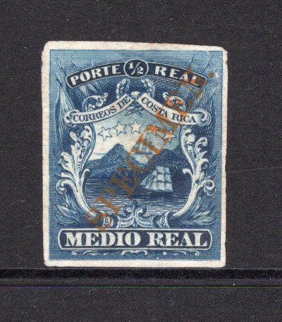 COSTA RICA - 1863 - CLASSIC ISSUES & PROOF: ½r deep blue 'First Issue' a superb IMPERF PROOF on thin white paper with large SPECIMEN overprint in orange. Ex ABNCo. Archive. (SG 1)  (COS/28185)