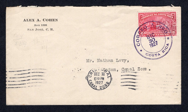 COSTA RICA - 1927 - EMERGENCY AIRMAIL FLIGHT: Plain cover franked with 1923 10c carmine (SG 143) tied by large CORREO AEREO COSTA RICA cds dated DEC 30 1927. Flown by the U.S. Military on the 'Flood Relief' flight as rail communications were cut off between San Jose & Limon. Addressed to CANAL ZONE with CRISTOBAL arrival cds of the same day on front and GATUN arrival cds on reverse dated the following day. A very rare flight. Less than 50 covers were carried. (Muller unlisted)  (COS/28218)