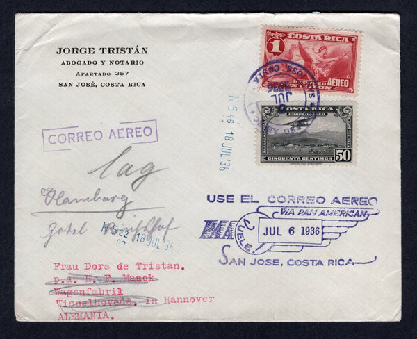 COSTA RICA - 1936 - AIRMAIL: Cover franked with 1934 50c black & 1col carmine AIR issue (SG 204 & 207) tied by CORREO AEREO SAN JOSE cds dated 6 JUL 1936 with boxed 'CORREO AEREO' and large 'USE EL CORREO AEREO VIA PAN AMERICAN PAA VUELE ! JUL 6 1934 SAN JOSE COSTA RICA' marking in purple on front. Addressed to GERMANY. A very attractive high value franking.  (COS/31223)