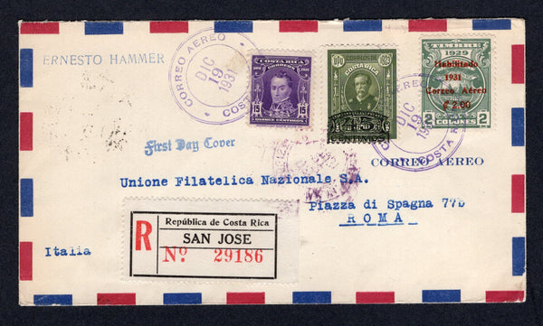 COSTA RICA - 1931 - AIRMAIL & FIRST DAY OF ISSUE: Registered airmail cover franked with 1921 15c violet, 1925 45c on 1col olive green and 1931 2col on 2col grey green on toned paper 'Airmail' SURCHARGE issue (SG 116, 162 & 187 - the first printing with brownish vermilion overprint) all tied by CORREO AEREO COSTA RICA cds's dated DEC 19 1931, the first day of issue. Addressed to ITALY with printed SAN JOSE registration label on front and transit and arrival marks on reverse.  (COS/31602)