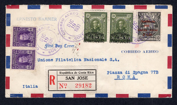 COSTA RICA - 1931 - AIRMAIL & FIRST DAY OF ISSUE: Registered airmail cover franked with pair 1921 15c violet, pair 1925 45c on 1col olive green and 1931 5col on 10col black on toned paper 'Airmail' SURCHARGE issue (SG 116, 162 & 189 - the first printing with brownish vermilion overprint) all tied by CORREO AEREO COSTA RICA cds's dated DEC 19 1931, the first day of issue. Addressed to ITALY with printed SAN JOSE registration label on front and transit and arrival marks on reverse.  (COS/31603)