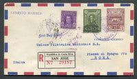 COSTA RICA - 1931 - AIRMAIL & FIRST DAY OF ISSUE: Registered airmail cover franked with 1921 15c violet, 1925 45c on 1col olive green and 1931 3col on 5col maroon on toned paper 'Airmail' SURCHARGE issue (SG 116, 162 & 188 - the first printing with brownish vermilion overprint) all tied by CORREO AEREO COSTA RICA cds's dated DEC 19 1931, the first day of issue. Addressed to ITALY with printed SAN JOSE registration label on front and transit and arrival marks on reverse.  (COS/31604)