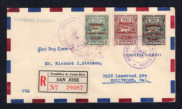 COSTA RICA - 1931 - AIRMAIL & FIRST DAY OF ISSUE: Registered airmail cover franked with 1931 2col on 2col grey green, 3col on 5col maroon and 5col on 10col black on toned paper 'Airmail' SURCHARGE issue the complete set of three from the first printing with brownish vermilion overprint (SG 187/189) all tied by CORREO AEREO COSTA RICA cds's dated DEC 19 1931, the first day of issue. Addressed to USA with printed SAN JOSE registration label on front and transit and arrival marks on reverse.  (COS/31605)