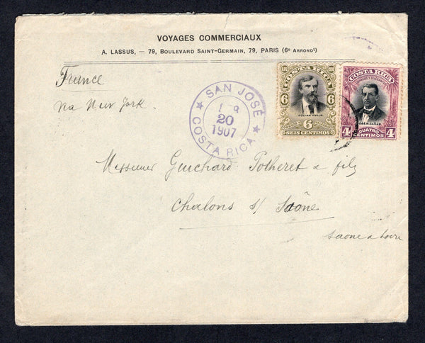 COSTA RICA - 1907 - DEFINITIVE ISSUE: Cover franked with 1903 4c black & purple and 6c black & olive 'Portrait' issue (SG 52/53) tied by 'Target' cancel in black with SAN JOSE cds dated FEB 20 1907 in purple alongside. Addressed to FRANCE with arrival cds on reverse.  (COS/31608)