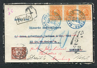 COSTA RICA - 1923 - POSTAGE DUE: Mourning cover front franked with strip of three 1910 5c orange (SG 80) tied by SAN JOSE cds's dated APR 28 1923. Addressed to UK with boxed 'PORTO' marking and hexagonal 'T' tax marking with unframed '1½d F.B.' tax marking of Great Britain and added 1914 1½d chestnut GV 'Postage Due' issue tied on arrival by LONDON cds. Subsequently re-addressed to GERMANY. An unusual item.  (COS/33810)