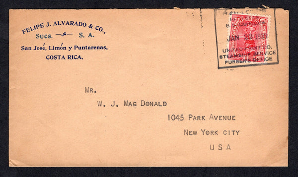 COSTA RICA - 1933 - MARITIME: Cover franked with single 1930 10c carmine (SG 176) tied by good strike of boxed 'POSTED ON THE HIGH SEAS S.S. QUIRIGUA UNITED FRUIT CO. STEAMSHIP SERVICE PURSERS OFFICE' cancel in black dated JAN 22 1933. Addressed to USA.  (COS/35642)