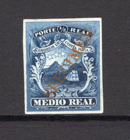 COSTA RICA - 1863 - CLASSIC ISSUES & PROOF: ½r deep blue 'First Issue' a superb IMPERF PROOF on thin white paper with large SPECIMEN overprint in orange. Ex ABNCo. Archive. (SG 1)  (COS/37273)