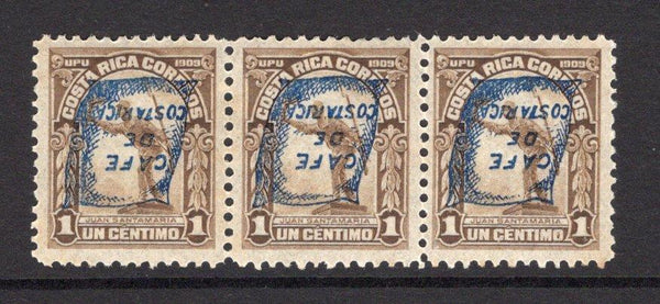 COSTA RICA - 1922 - COFFEE OVERPRINTS: 1c brown with CAFE DE COSTA RICA overprint a fine mint strip of three with variety OVERPRINT INVERTED. (SG 123 variety)  (COS/37309)